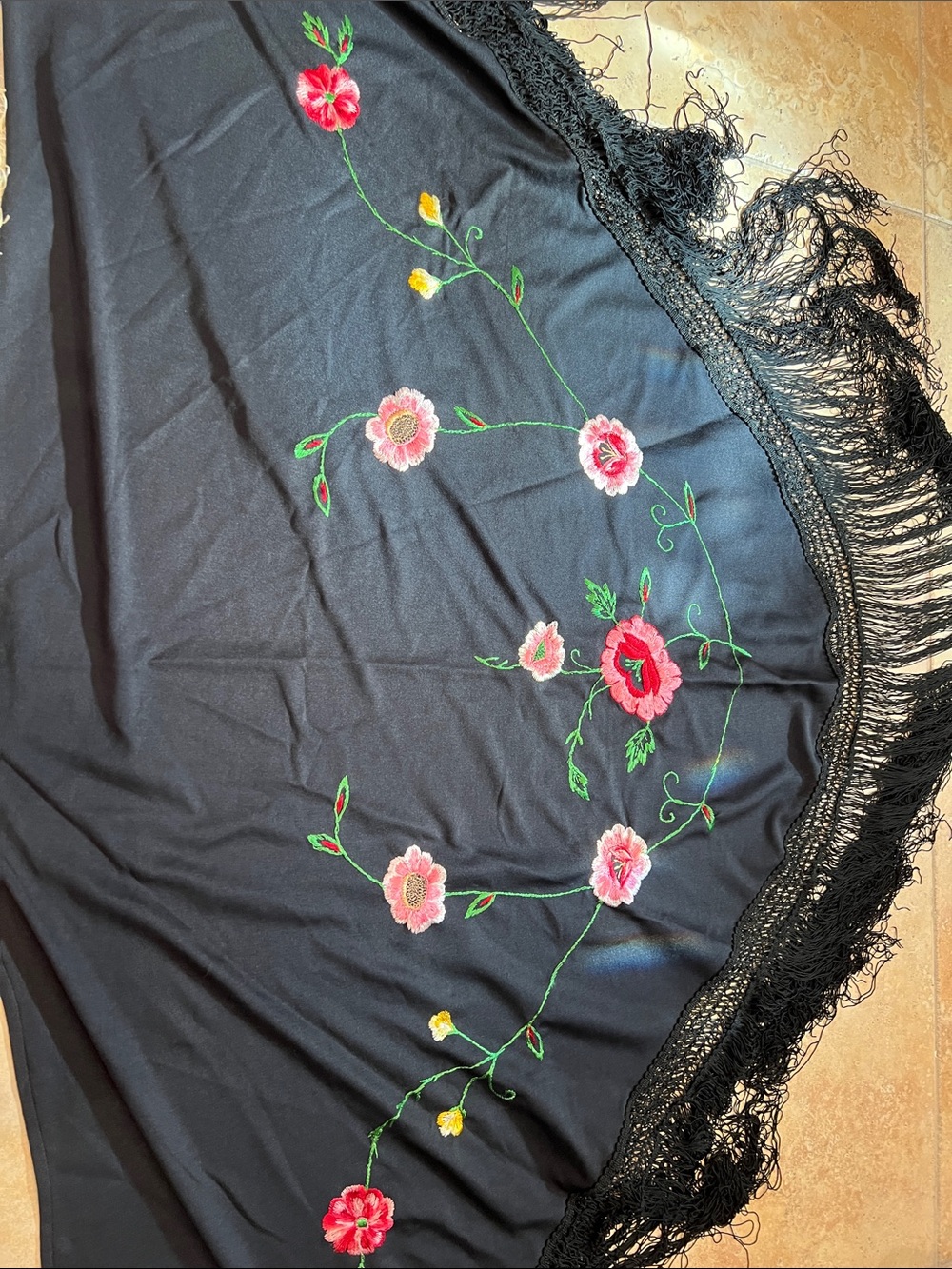 Black Floral Embroidered Fringe scarf